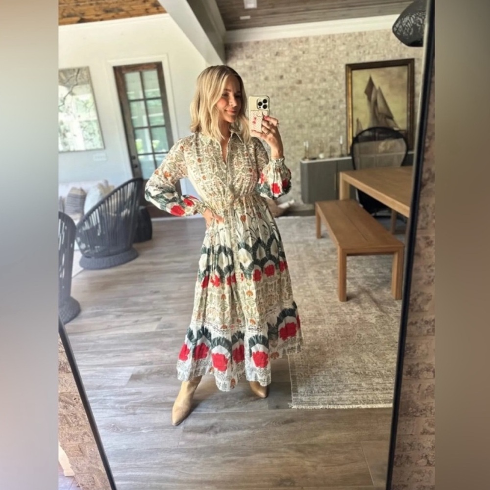Anthropologie Boho Floral Tiered Maxi Dress in Cream with Red & Green Accents - Picture 5 of 10